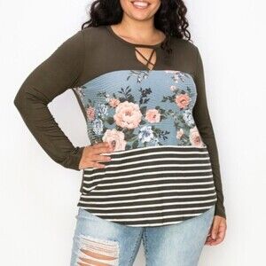 Womens Top Plus Size Long Sleeve Mixed Media Front Keyhole 90s Downtown Girl